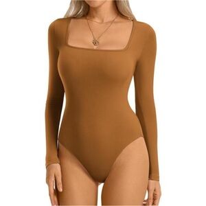 Women's Square Neck Long Sleeve Bodysuit Camel
